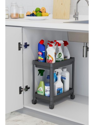 Starseven Mithra Life 2 Katlı Tekerlekli Tezgah Altı Siyah Banyo Mutfak Rafı MIT1121