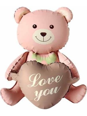 Starseven Love You Yazılı Karamel Kalpli Pembe Oturan Ayı Folyo Balon