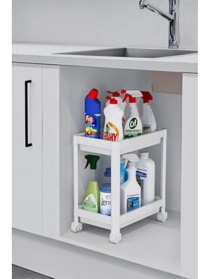 Starseven Sas Haus Flex Pro 2 Katlı Beyaz Tekerlekli Çok Amaçlı Banyo & Mutfak Düzenleyici Raf - Evye A