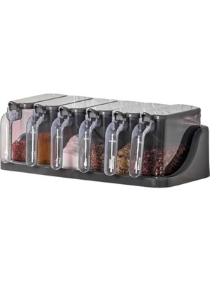 Starseven 6’lı Standlı Kaşıklı Baharatlık Seti – Duvara Tezgaha Uygun, 300 ml Kapasiteli, Etiketli Şeffaf