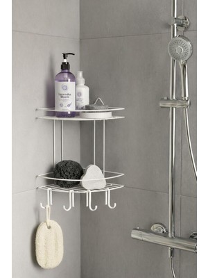 Starseven Sas Haus Banyo Köşe Rafı Askılı Duş Organizeri Şampuanlık 2 Katlı Beyaz