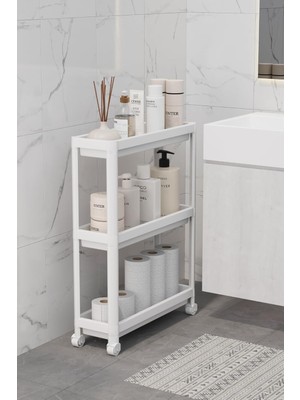 Starseven Mithra Life 3 Katlı Tekerlekli Slim Ince Beyaz Banyo Mutfak Rafı Polipropilen Plastik MIT1125