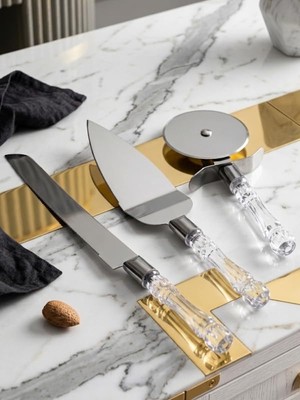 Starseven 3lü Kristal Görünümlü Saplı Çelik Servis Seti Pizza Kek Bıçağı Pasta Spatulası