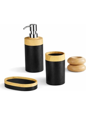 Starseven Banyo Seti, Sıvı Sabunluk, Fırçalık Sabunluk, Ahşap Kaplama, Siyah