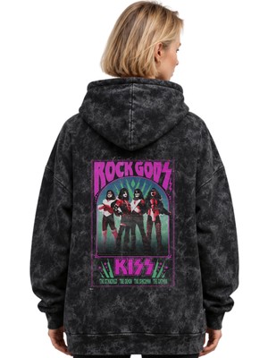 Sevbano Rock Gods Kiss Rock Metal Müzik Grubu Baskılı Unisex Oversize Yıkamalı Premium Hoodie Sweatshirt