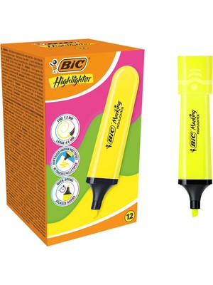 Starseven Bic Marking Flat Higlighter Fosforlu Kalem 12'li Kutu, Sarı Fosforlu Kalem, Su Bazlı, Hızlı Kuruyan