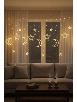 Starseven Ay Yıldız Figürlü LED Dekor Işık, Kumandalı 12 Sarkıtlı 120 Led, Dekoratif Ortam Masaü