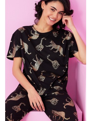 Siyah İnci Siyah Kaplan Varak Baskılı Örme Pijama TAKIM7845