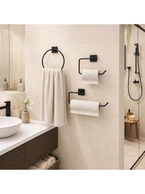 Starseven Alper Banyo 3’lü Siyah Banyo Seti, Yapışkanlı Vidalı Montajlı Havluluk, Tuvalet Kağıtlığı, Yuvar