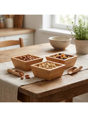 Starseven Deconox Doğal Bambu Kare Çerezlik Sunum Kasesi – 10X10 cm Kahvaltılık Zeytinlik, Sosluk, Drajeli