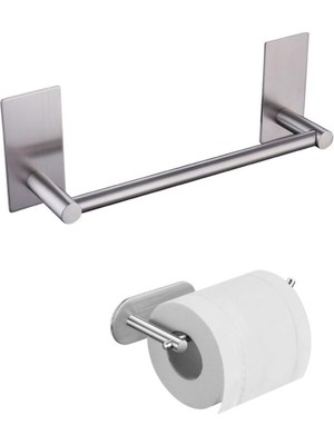 Starseven Deltahome Paslanmaz Çelik Yapışkanlı 30CM Havluluk Tuvalet Kağıtlığı Set - Inox - Anında Kolay M