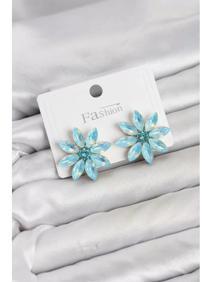 Uravas Store Buz Mavisi Renk Kristal Taşlı Lotus Çiçek Model Kadın Küpe TJ-BKP11922