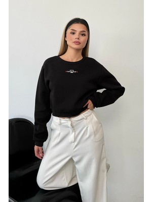 Giysa Kadın Bisiklet Yaka Teddy Bear Nakışlı Sweatshirt Siyah - 264441