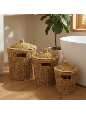 Uravas Store 3’lü Iç Içe Geçebilen Büyük Plastik Rattan Hasır Sepet Seti-Dayanıklı Çok Amaçlı Ev,banyo ve Mutfak Düzenleyici (5047)