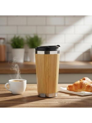 Starseven Deconox 450 ml Bambu Kaplama Tabanlı Çelik Termos - Sıcak Soğuk Tutucu Gümüş Renkli Seyahat Bard