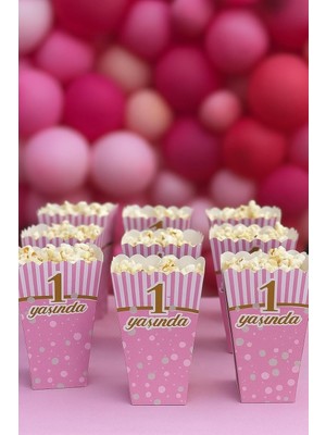 Starseven 1 Yaş Doğum Günü Pembe Popcorn Kutusu, 8 Adet, Çizgili Puantiyeli Tasarım, Parti Süslemesi