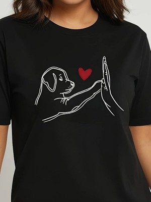 Gökyüzü Moda Kadın Kısa Kollu Bisiklet Yaka Köpek Baskılı Viskon Bluz