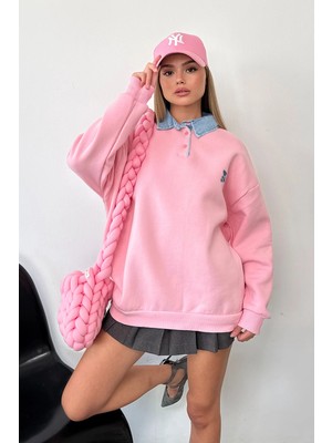Giysa Kadın Kot Yaka Detaylı Ayıcık Nakışlı Sweatshirt Pembe - 264432