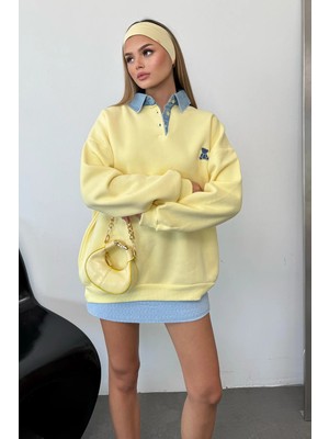 Giysa Kadın Kot Yaka Detaylı Ayıcık Nakışlı Sweatshirt Sarı - 264432