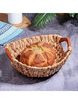 Starseven Kosova Wicker Bezli Yuvarlak Ahşap Kulplu Hasır Ekmek Sepeti