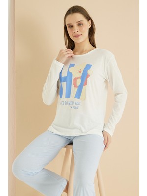 Siyah İnci Mavi Beyaz Çizgi Desenli Pamuklu Örme Pijama Takım 7819