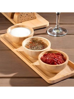 Starseven Deconox Doğal Bambu Standlı 3'lü Yuvarlak Sosluk Çerezlik Seti (20X6,5 Cm) - Kahvaltılık Ikramlı