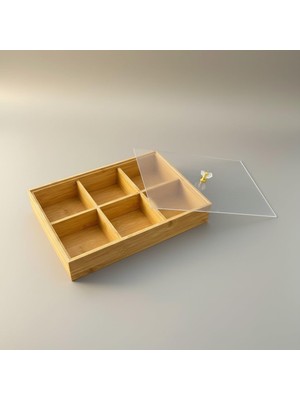 Starseven Bambu Organizer Kutu, 6 Bölmeli, Şeffaf Kapaklı, Kristal Kulplu, 30X20X6 Cm, Çay Baharat Düzenle
