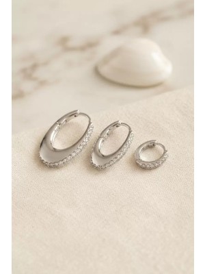 Uravas Store Gümüş Renk Oval Halka Model Zirkon Taşlı 3 Lü Küpe Set TJ-BKP11975