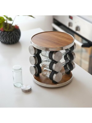Starseven Deconox 12 Parça Döner Mekanizmalı Paslanmaz Çelik Ahşap Desen Standlı Cam Baharatlık Seti - 360