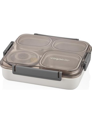 Starseven Vagonlife Bento 1200ML Lunchbox Tek Katlı 4 Bölmeli Kaseli Çelik Sefer Tası Yemek Kutusu (Gri)
