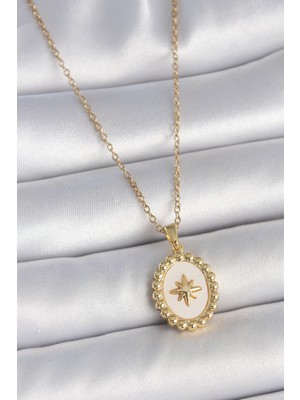 Renas Store 316L Çelik Gold Renk Zincir Beyaz Mineli Kutup Yıldız Işlemeli Madalyon Model Kadın Kolye TJ-BKO10063
