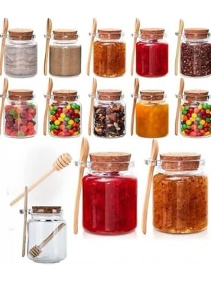 Starseven Cam Kavanoz Seti, 350 Ml, Mantar Kapaklı, Ahşap Bal Kaşığı Ile, Mutfak Saklama Kabı (1)