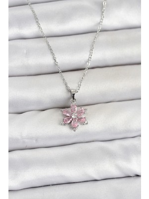 Twin Store 316L Çelik Zincir Gümüş Renk Pembe Zirkon Taşlı Lotus Model Kadın Kolye
