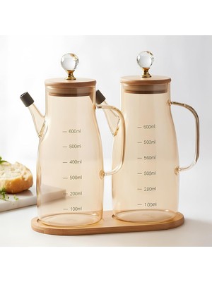 Starseven Deconox Bambu Standlı 2'li Borosilikat Cam Yağdanlık Sirkelik Seti - Ölçü Skalalı, Gold Detaylı