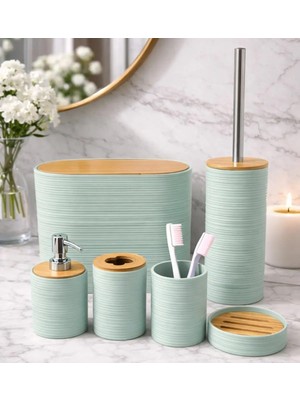 Starseven 6 Parça Banyo Seti, Bambu Detaylı, 8l Kovası 24X26X16 cm (Su Yeşili)