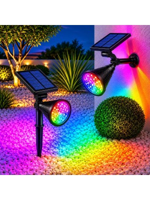 Starseven Forlife 7 Renk Rgb LED Spot Güneş Enerjili Bahçe Aydınlatması, Fotoselli, Aplik, 18W, Su Geçirme