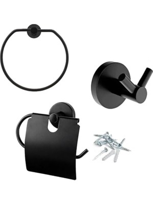 Starseven Siyah Metal Sağlam Aparat Vidalı Lavabo Banyo Wc Bez Havlu Çatal Askı Tuvalet Kağıtlık 3'lü