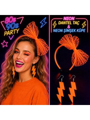 Starseven Neon Turuncu Dantel Taç Şimşek Küpe 8039LER 9039LAR Parti Seti
