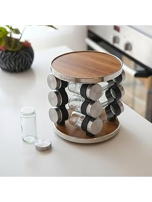 Starseven Deconox 12 Parça Döner Mekanizmalı Paslanmaz Çelik Ahşap Desen Standlı Cam Baharatlık Seti - 360