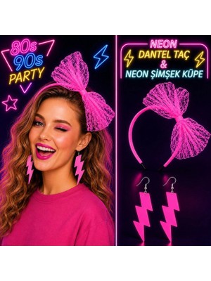 Starseven Neon Pembe Dantel Taç Şimşek Küpe 8039LER 9039LAR Parti Seti