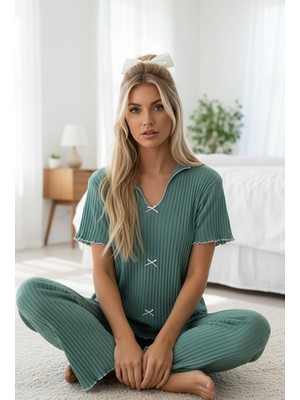 Siyah İnci Mint Yeşili Mevsimlik Ince Fiyonklu Pijama TAKIM7879
