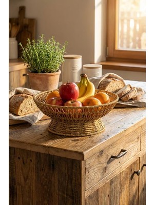 Starseven 25 cm Plastik Rattan Servis Çanağı, Doğal Hasır Görünümlü Dekoratif Meyve Ekmek Sunum Kasesi