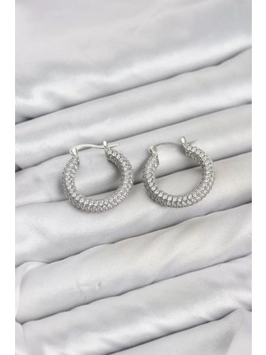 Uravas Store Gümüş Renk Full Zirkon Taşlı Halka Kadın Küpe TJ-BKP11939