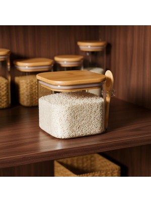 Starseven Deconox 600 ml Bambu Kapaklı Kaşıklı Kare Cam Kavanoz, Vakumlu Ahşap Kapaklı Baharatlık, Kendind