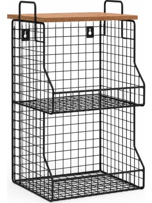 Starseven Orret 2 Katlı Ahşap Raflı Metal Organizer Sepet, Duvara Monte Edilebilir Mutfak Banyo Düzenley