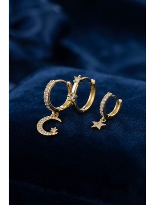 Uravas Store 3 Lü Ay ve Yıldız Model Gold Renk Set Küpe TJ-BKP11962