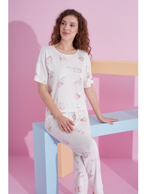 Siyah İnci Beyaz Kalp Desenli Likralı Örme Pijama Takım