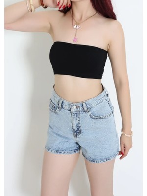 f.kereci Kadın Siyah Straplez Crop Büstiyer Fitilli Esnek Kumaş Basic Üst