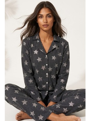 Siyah İnci Antrasit Yıldız Varak Baskılı Düğmeli Örme Pijama Takım 7793