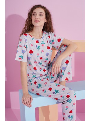 Siyah İnci Gri Çiçek Desenli Likralı Örme Pijama Takım